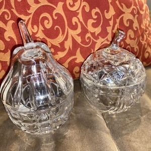SET of TWO Circleware Glass Crystal Apple & Pear Candy Dish 5.5" H x 4.25" D